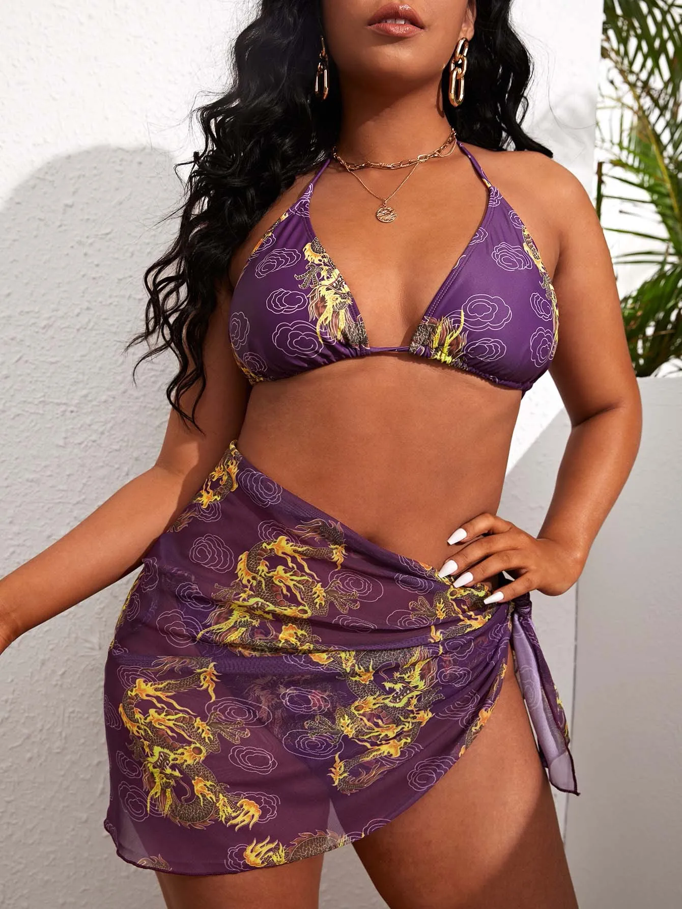 

2022 New Plus Size Bikini Sets Sexy Push Up Swimwear Three Pieces Tummy Cover Bathing Suits Halter Tie Knot At Back Purple