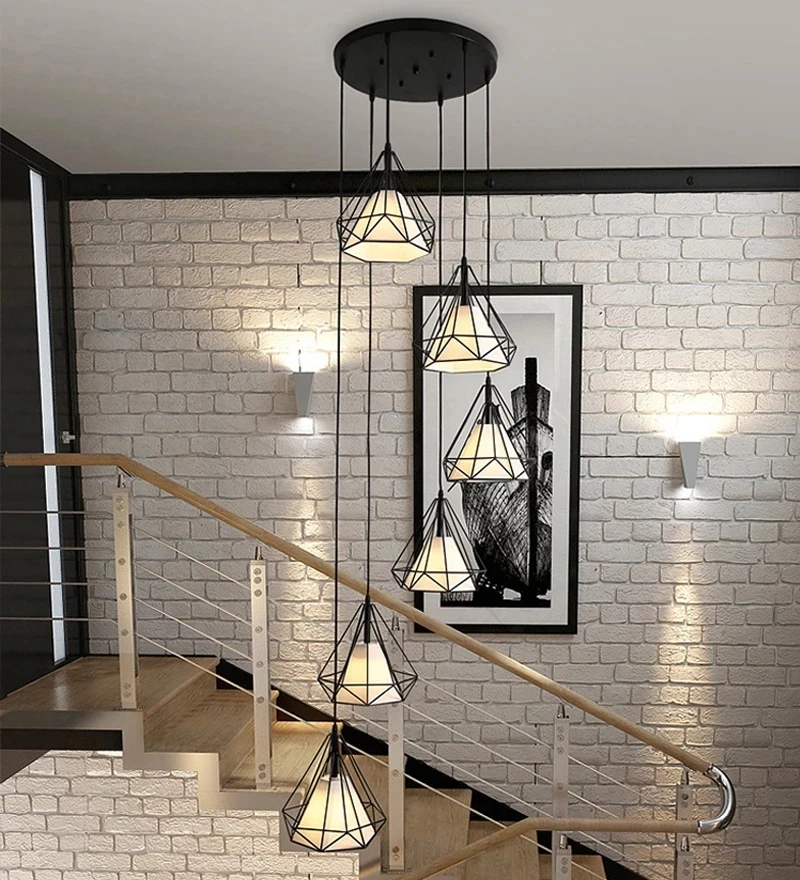 

90-260V Diamond Rotating Stairs Chandeliers Nordic Postmodern Simple Loft Duplex Leaping Stair Light Long Chandelier Stairwell