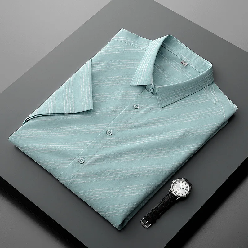 

Dongfang childe shirt men's short sleeve casual slim business men's 2021 stripe inch shirt men's high end shirt men's