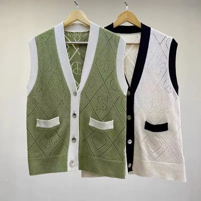 

Women Tops 2021 Early Autumn Two-color Sleeve Single-breasted Knit Vest