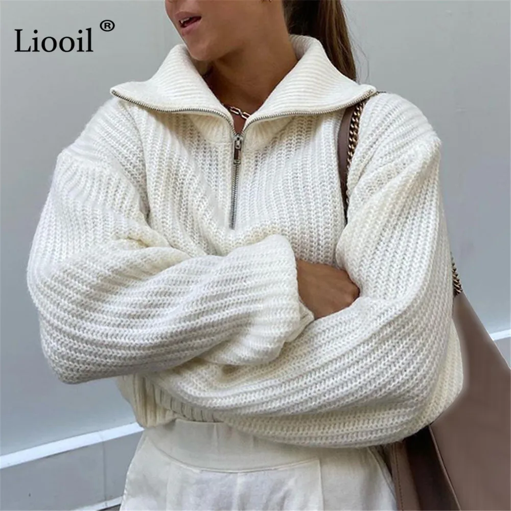 Белый вязаный мешковатый свитер привлекательный пуловер на молнии женские