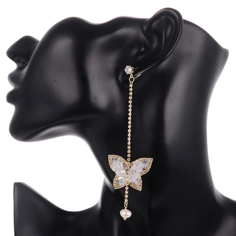 

Shineland New Fashion Cute Rhinestone Gold Color Long Chain Butterfly Drop Earrings Simulated Pearl Charm Brincos For Women