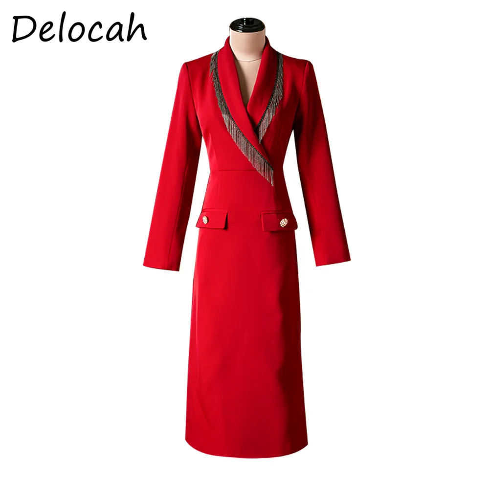 

Delocah Summer Fashion Women DesignerMidi Dress Long Sleeve Fake Pocket Tassel Solid Printed Elegant Bodycon A-Line Dresses