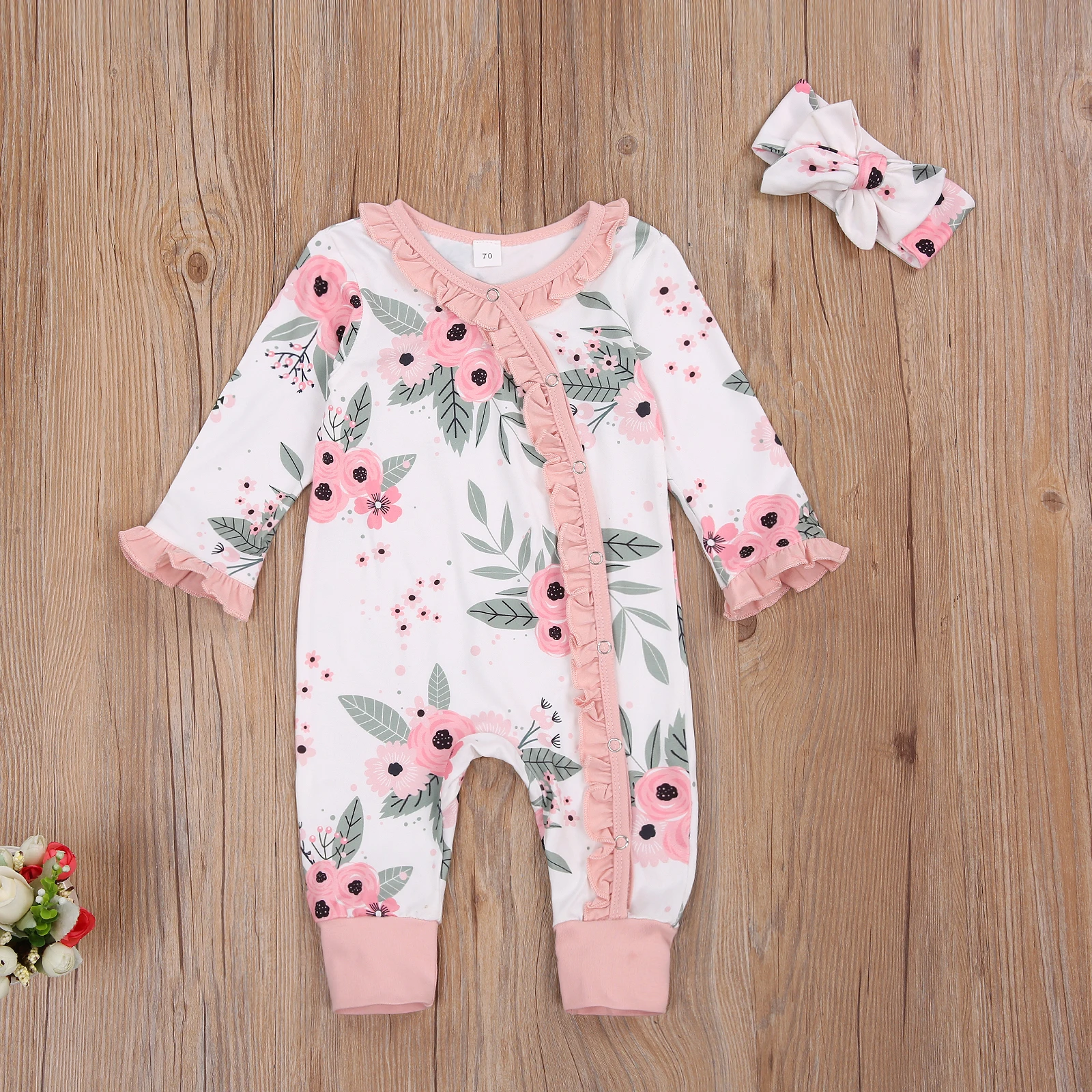 

Lovely Baby's Floral Bodysuit Ruffle Edge Buttoned Collar Long Sleeve Long Pants Bowknot Hairband for Autumn Baby Girl Clothes