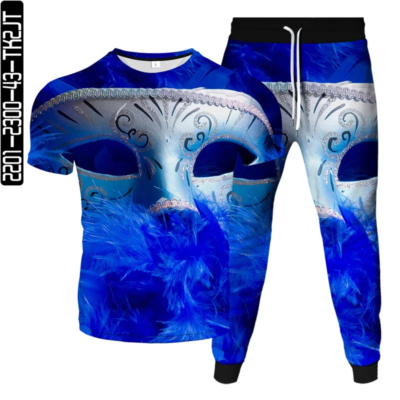 

2021 spring and summer brand T-shirt + pants two-piece 3D printing mask elements fashionable and cool personality streetwear