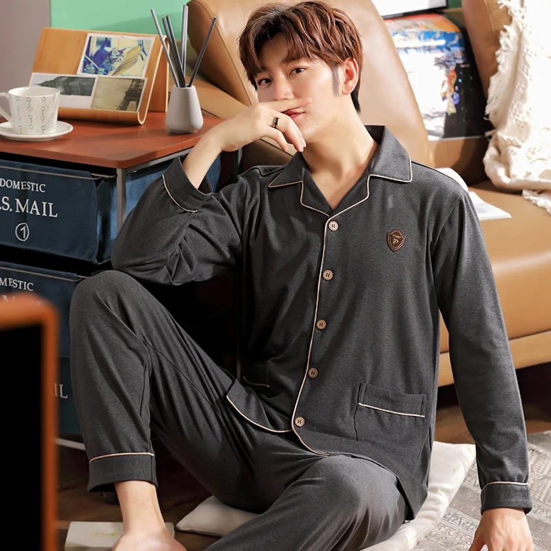 New autumn and winter long-sleeved men's pajamas, pure cotton lapel solid color casual cotton plus size