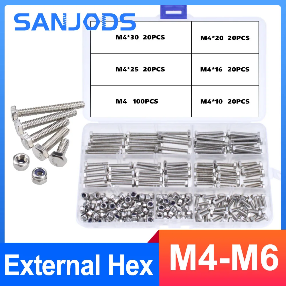 

Быстрорежущая головка с шестигранным винтом с фиксирующей гайкой из нержавеющей стали M4 M5 M6 * 10 16 20 25 30 мм, Набор шестигранных болтов и фиксирующих гайки DIN933