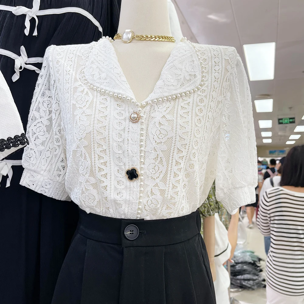 

2021 Summer Women Solid Color Lace Hollow Out Crochet Elegant Shirt V-neck Single-Breasted Various Buttons Top for Lady