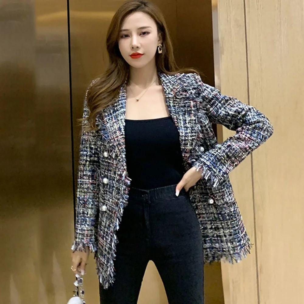 Женская клетчатая куртка с жемчужными пуговицами маленькая верхняя одежда