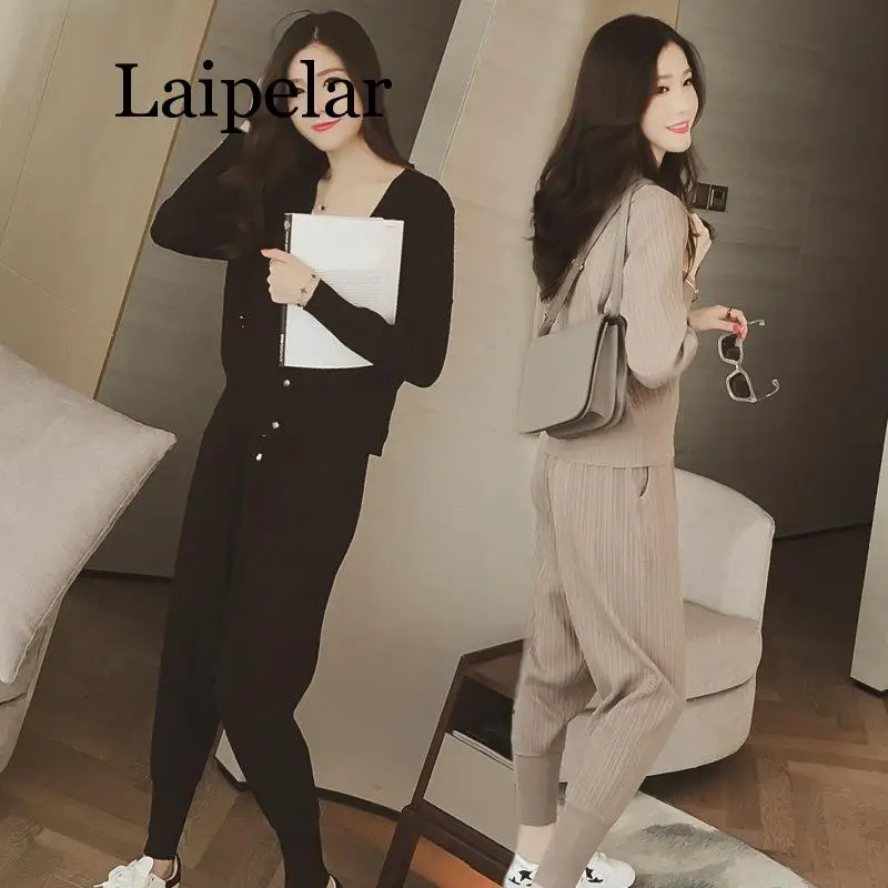 Осень зима 2020 Женский вязаный свитер брюки большого размера комплект из двух