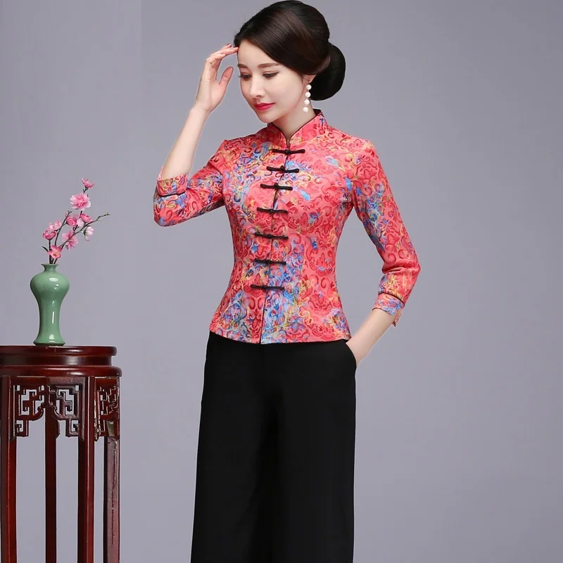 Китайский Ципао топы костюм Тан топ с рукавом 3/4 Цветочная рубашка из