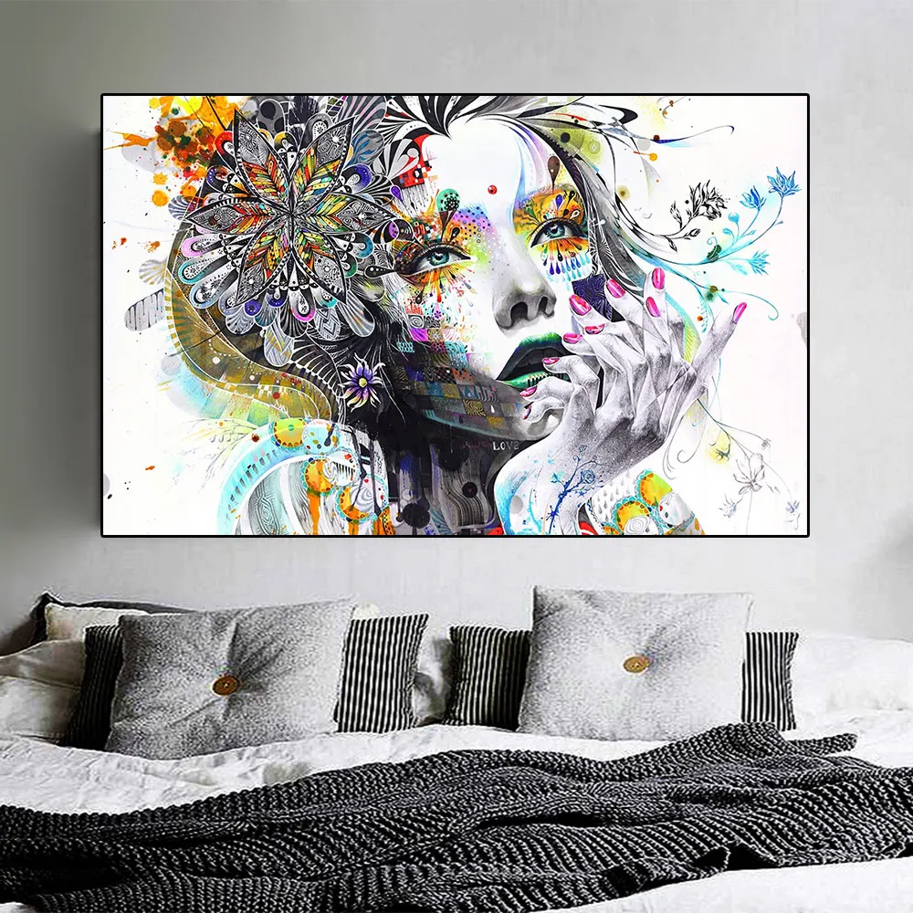 

Abstract Posters Girl With Flowers Canvas Prints Painting Wall Art Fashion Women Picture Modern Cuadros for Bedroom Decor Home