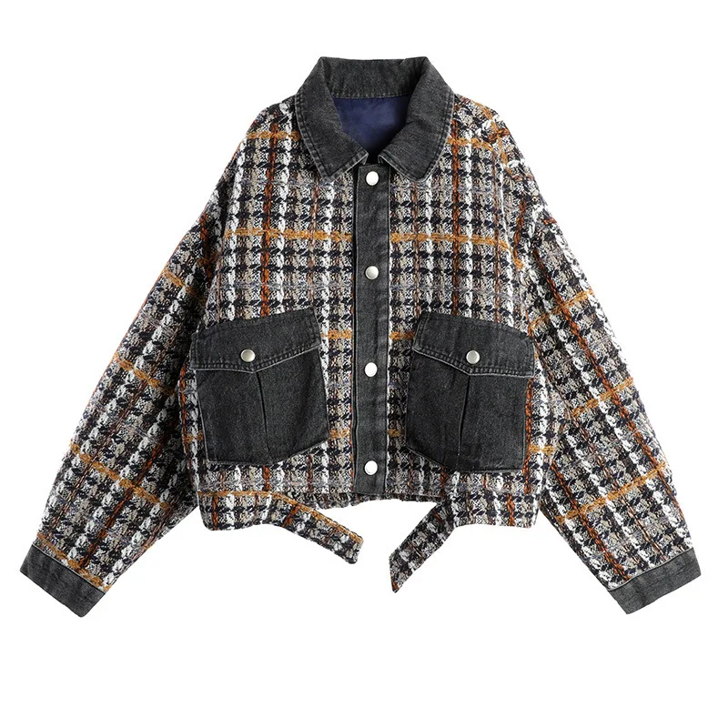 

NORMOV Women Plaid Jackets Coat Fashion Patchwork Denim Top Coats Female Autumn Vintage Loose Short Coat Lady Single Breasted