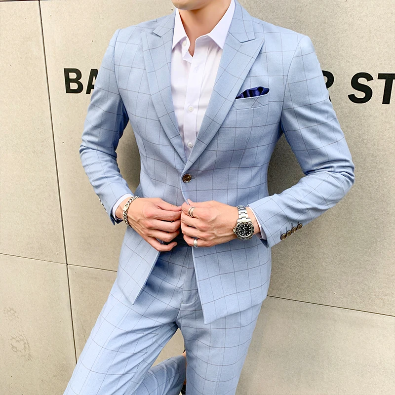 Мужской деловой костюм в клетку 2 предмета (Блейзер + брюки) Новый корейский