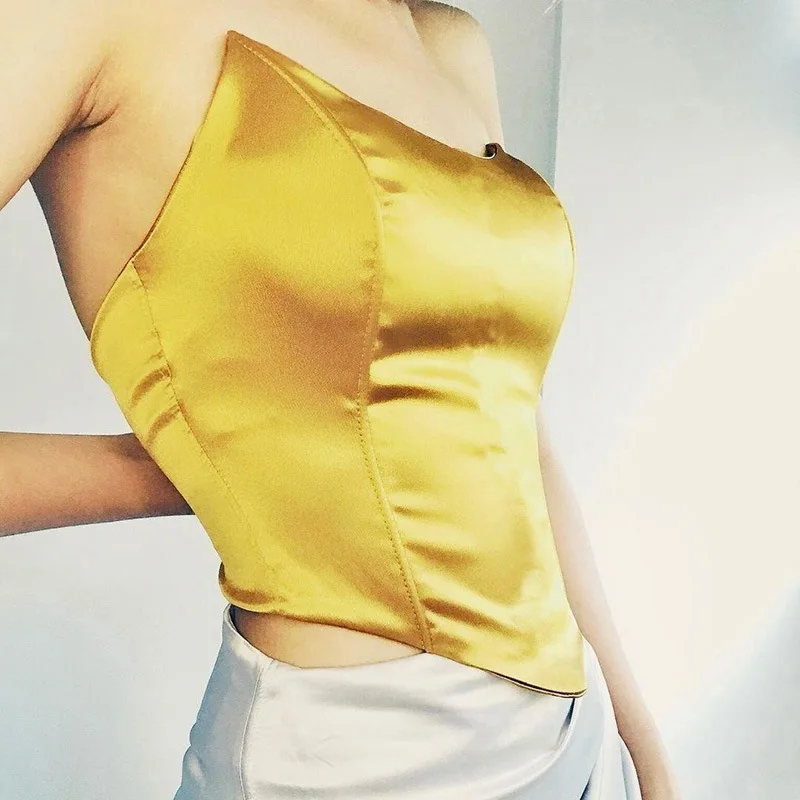 

2021 Summer New Slim Halter Vest Satin Stitching Waist Wrap Chest Sleeveless Fashion Corset Crop Tops Female Underwear Bustier