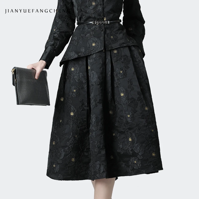 

Vintage Floral Printed Women 2 Pieces Set Warm Thick Coat And Skirt Female Winter Clothes Mature Ladies Plus Size Office Outfits