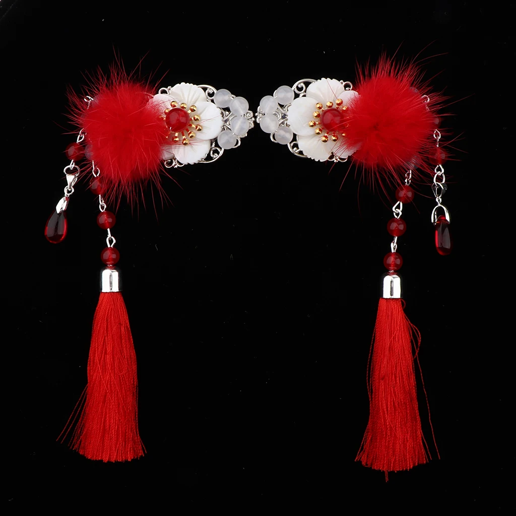 

2 Pack Chinese Long Tassel Flower Hair Clip Cosplay Beads Hair Pin Pom Pom Fluffy Headwear for Kimono Hanfu Accessories