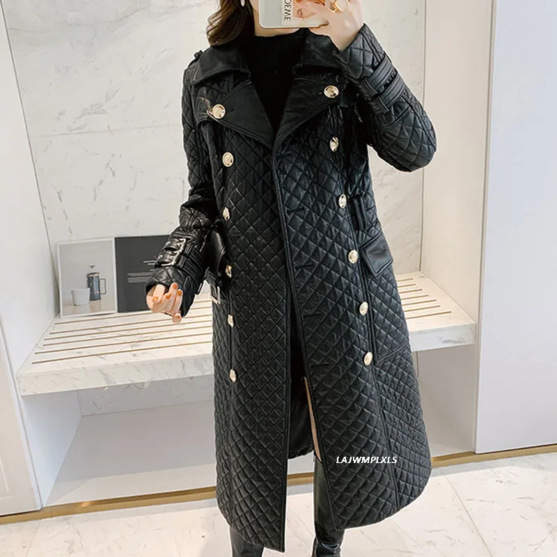 

100% Genuine Leather Jacket Women Winter Autumn 2021 New Fashion Sheepskin Classic Double Breasted Leather Windbreaker Coat