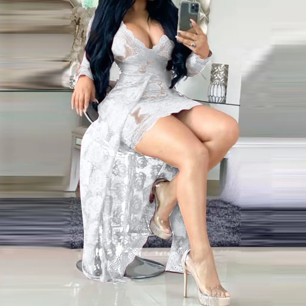 Spring Women's Dress Sexy Women Midi Elegant Fashion Lady Nightclub V-Neck Lace Dresses Long Sleeve Full | Женская одежда