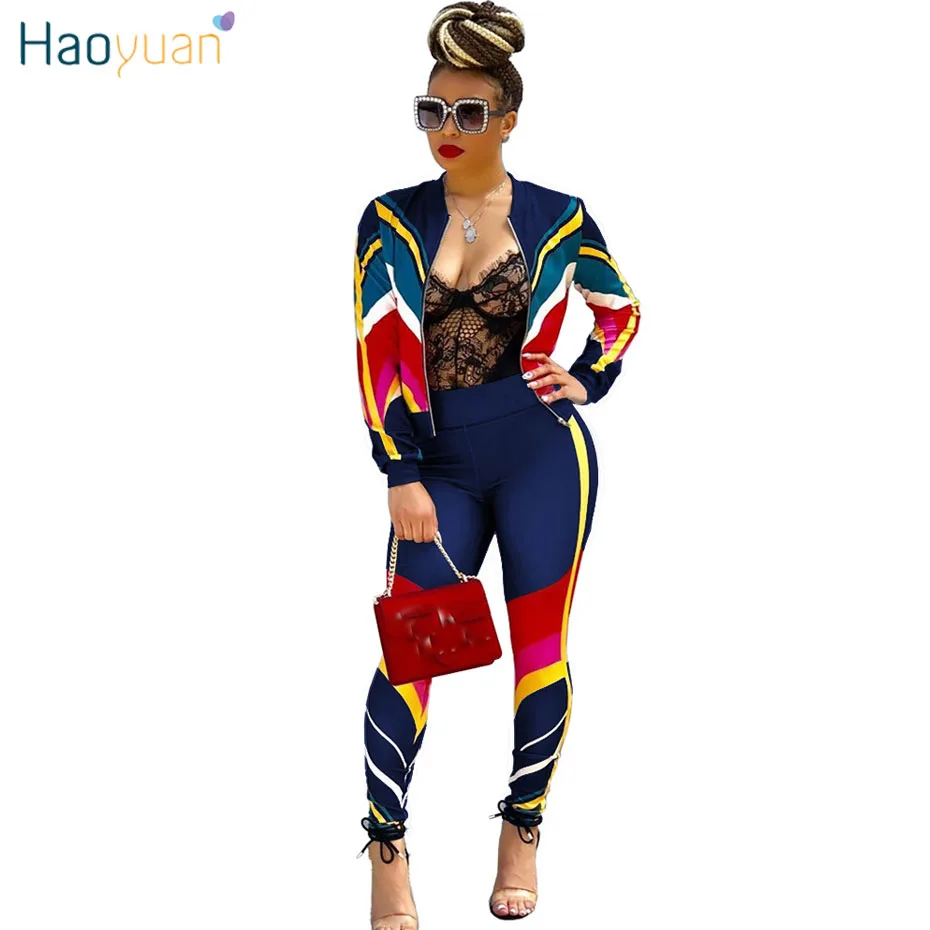 dark blue HAOYUAN размера плюс, комплект из 2 предметов, женская одежда, полосатый топ на молнии+ облегающие штаны, спортивный костюм, повседневная одежда, одинаковые комплекты, спортивный костюм - Цвет: dark blue