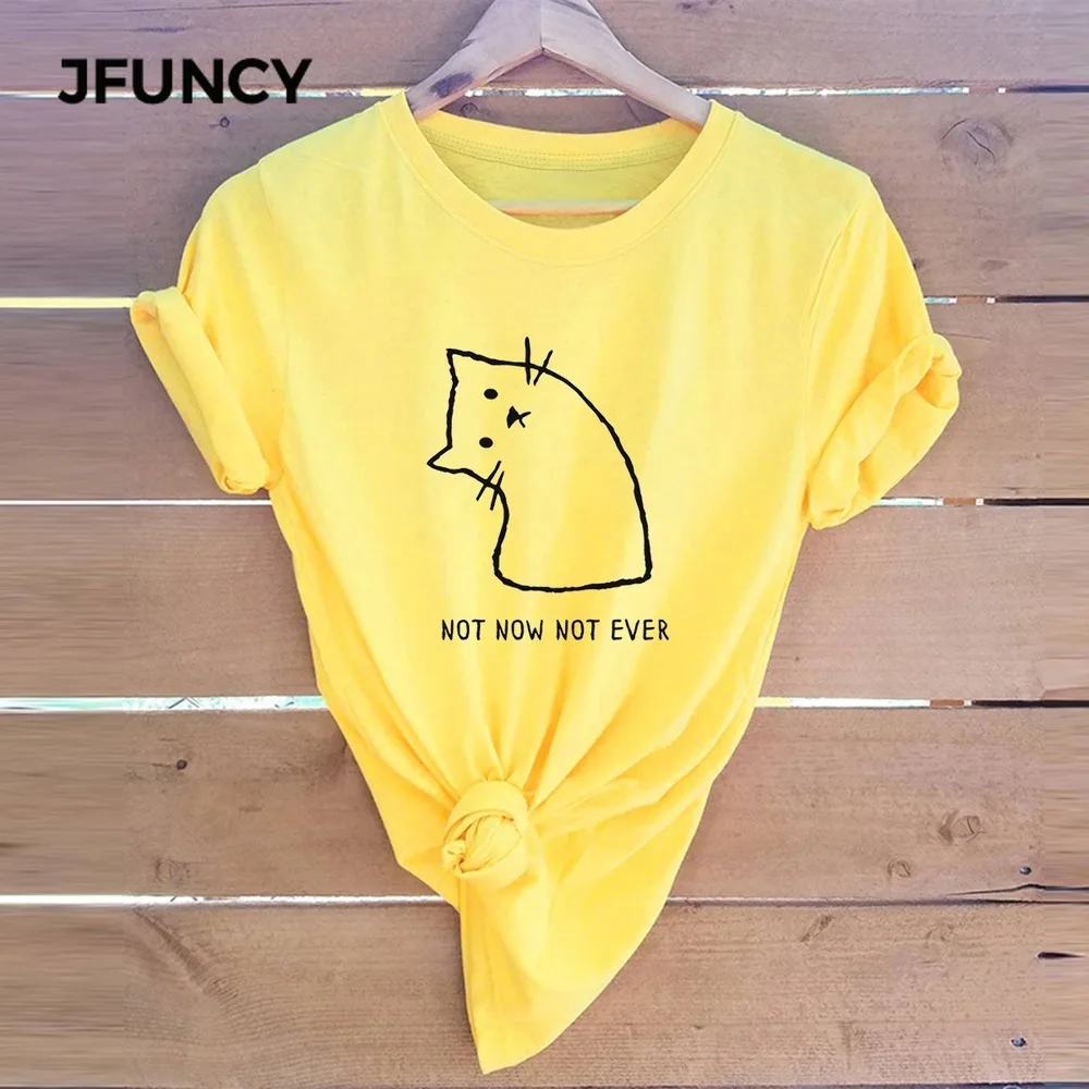 

JFUNCY размера плюс женские хлопковые футболки с коротким рукавом 2020 летняя Милая футболка с принтом кота женская футболка Топ Женская Повсед...