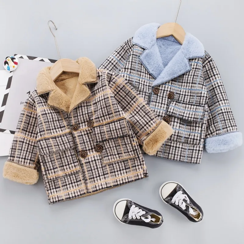 

Boys autumn and winter thick coats fleece jacket baby plaid woolen cotton coat children's winter warm clothes