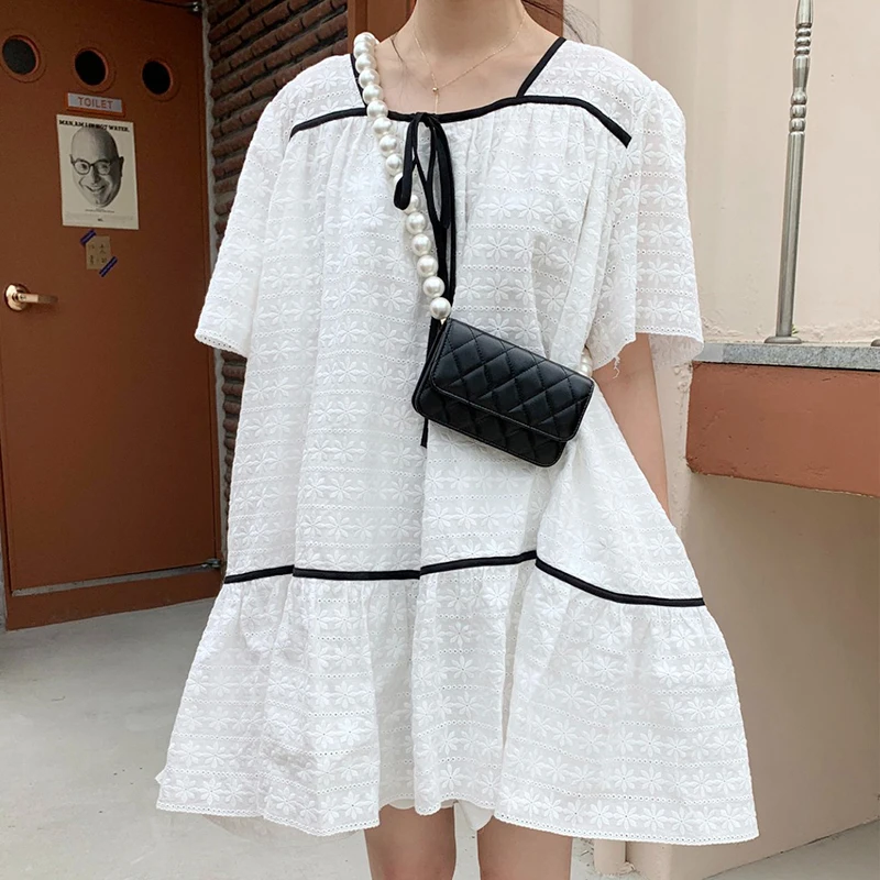 

Kimotimo Sweet Jacquard Dress Women Korean Chic Tender Square Collar Bow Belt Design Summer Loose Puff Sleeve Mini Dresses