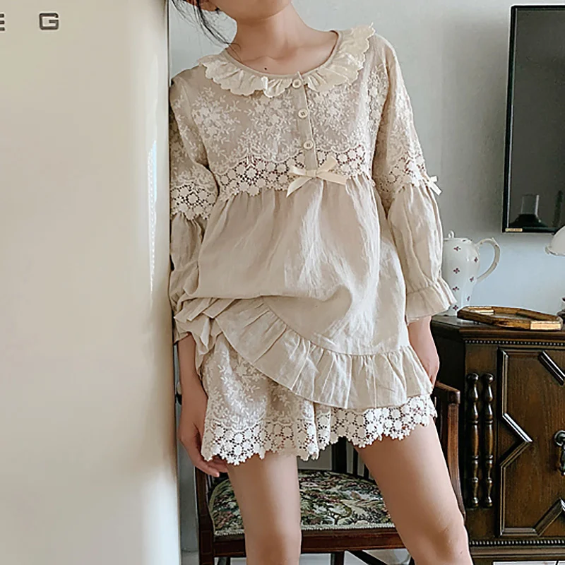 

Summer Women's Flower Embroidery Linen Pajama Sets Tops+Shorts.Vintage Ladies Girl's Pyjamas set.Victorian Sleepwear Loungewear