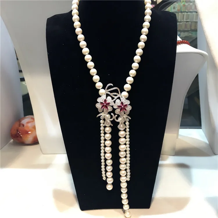 

Hand knotted natural 8-9mm white freshwater pearl micro inlay zircon accessories necklace tassel sweater chain jewelry