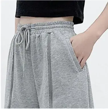 

LXUNYI Sports Pants New 2021 Double Zipper Summer Loose Design Wide Leg Knee Length Pants Casual Elastic Waist Sweatpants Gray