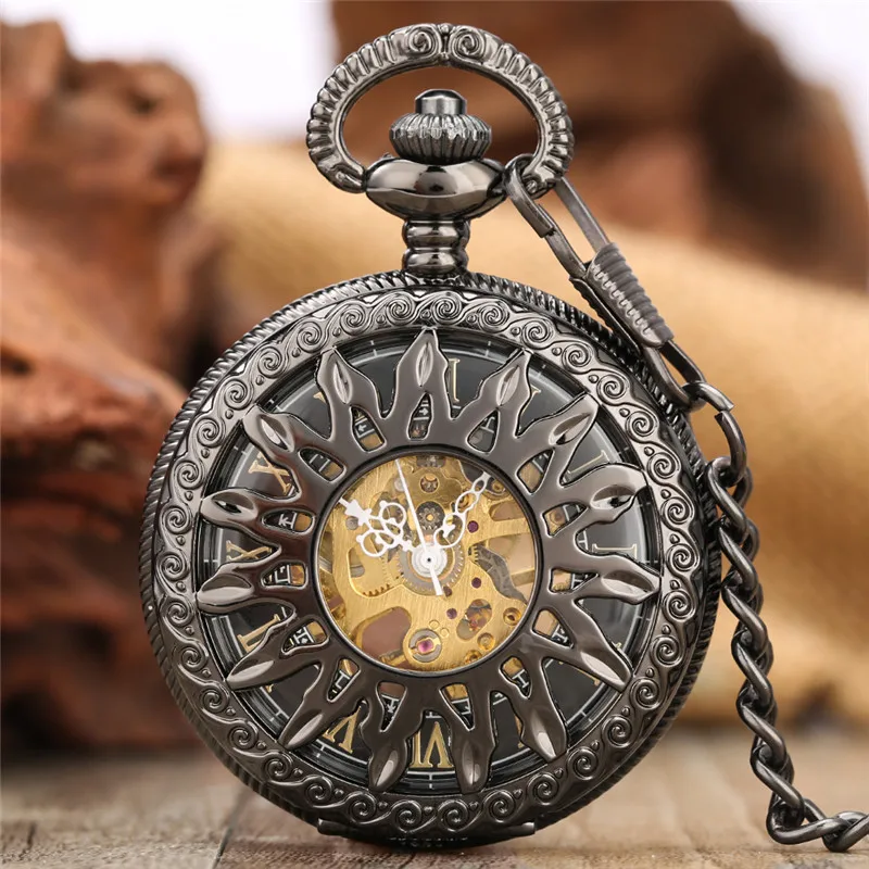 

Antique Hollow Sun Flower Black Hand Winding Mechanical Watch Pocket Watches Roman Numerals Chain Pendant Clock Relgio de bolso