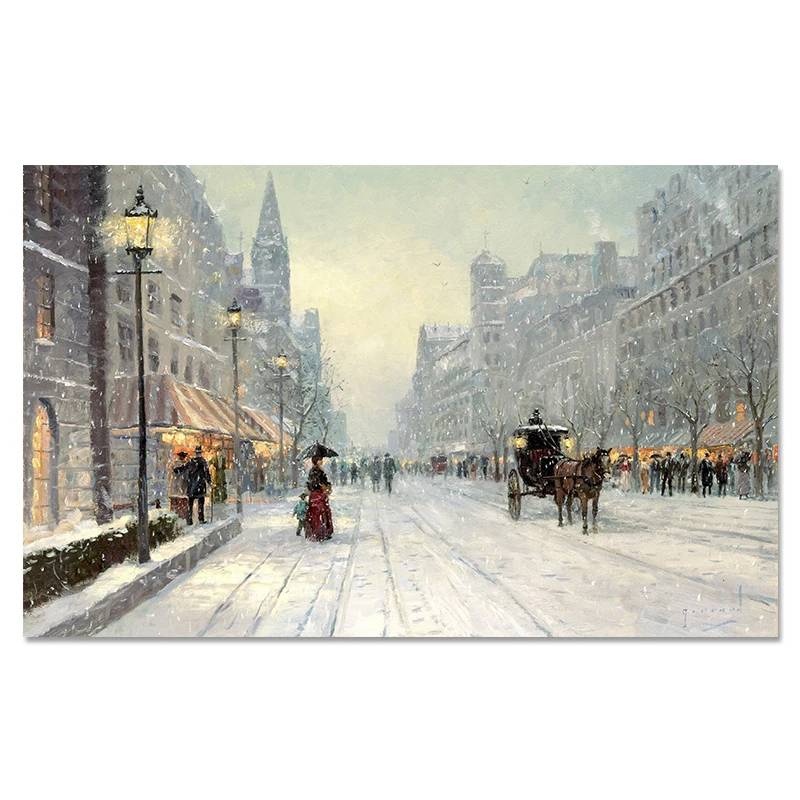 Томас Кинкейд снег уличный светильник карета городской пейзаж картины