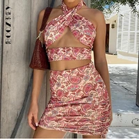 y2k elegant bodycon printing dresses halter sexy pleated sleeveless top two piece hip skirt dress woman dress