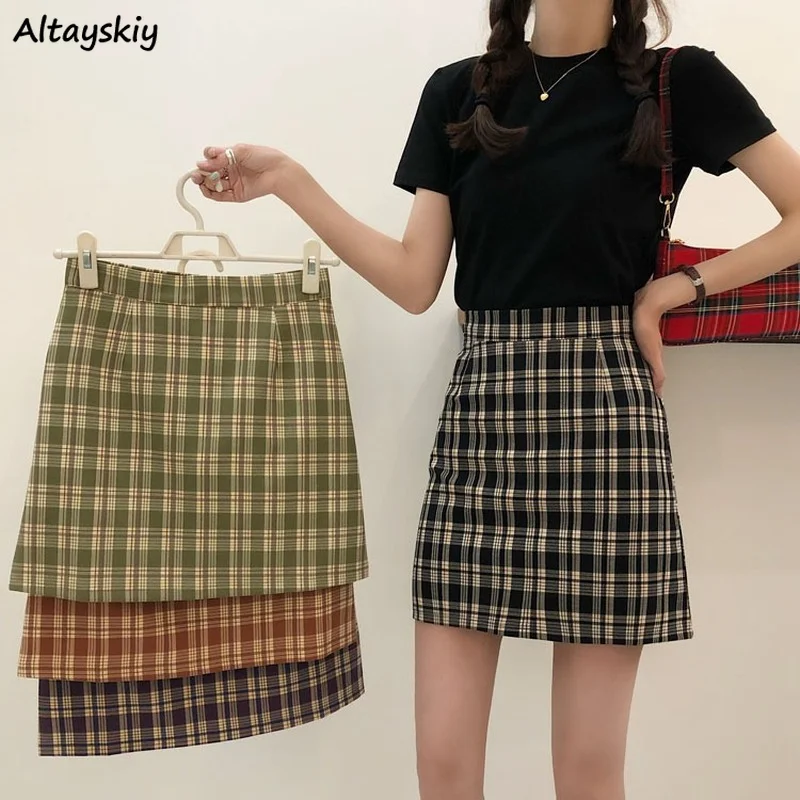 

Женская клетчатая юбка, трапециевидная узкая модная мини-юбка в Корейском стиле, универсальная разноцветная Женская юбка в стиле ретро для ...