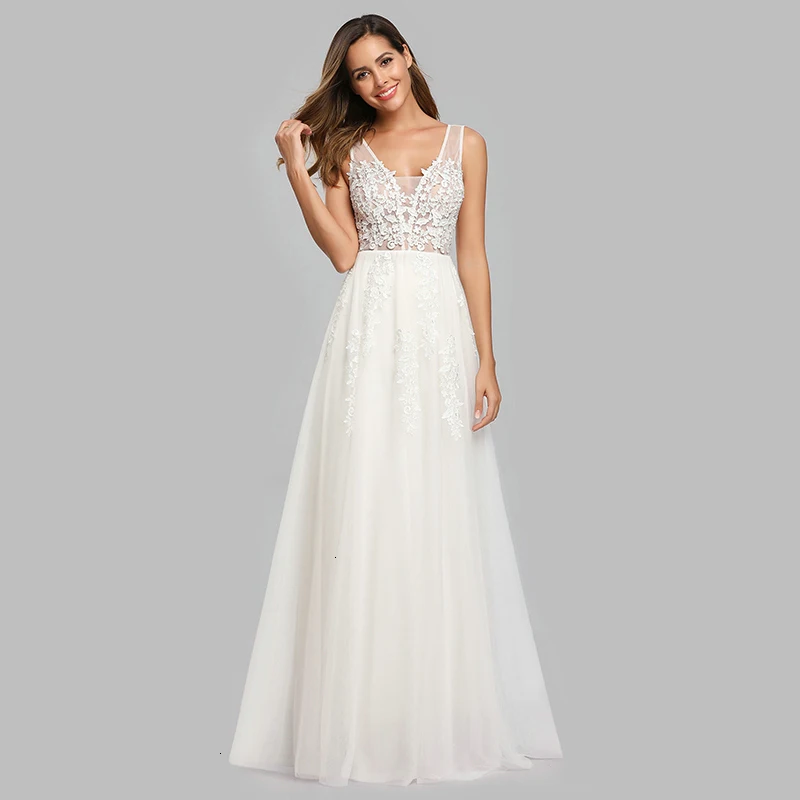 

Sexy Appliques Wedding Dresses A-Line Deep V-Neck Sleeveless Illusion Beach Wedding Gowns Vestidos De Novia Cheap Wedding Dress