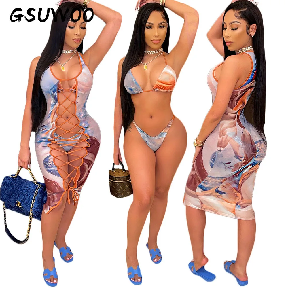 

Пикантный Женский комплект бикини GSUWOO из трех предметов, бандажный купальник на шнуровке с принтом, бюстгальтеры, топ + трусы + накидки, купа...