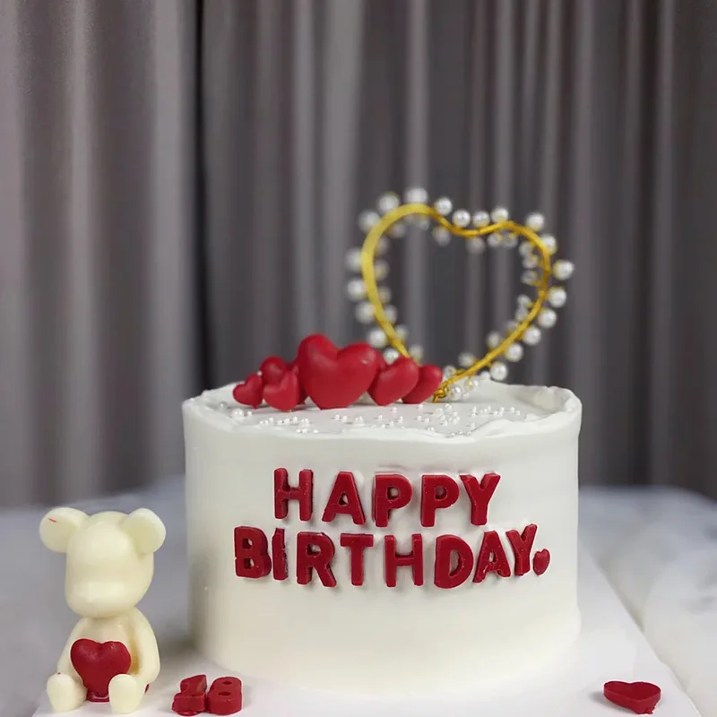 

Wedding Decoration Heart Pearl Cake Topper Happy Birthday Party LED Light Korean Cute Pink Bear Colorful Dessert Baking Supplies