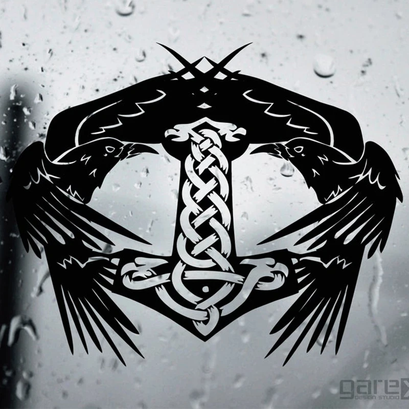 

Nordic Thor Hammer Vikings Wall Sticker Anime Mjölnir and Huginn & Munin Weapon Wall Decal Bedroom Vinyl Home Decor