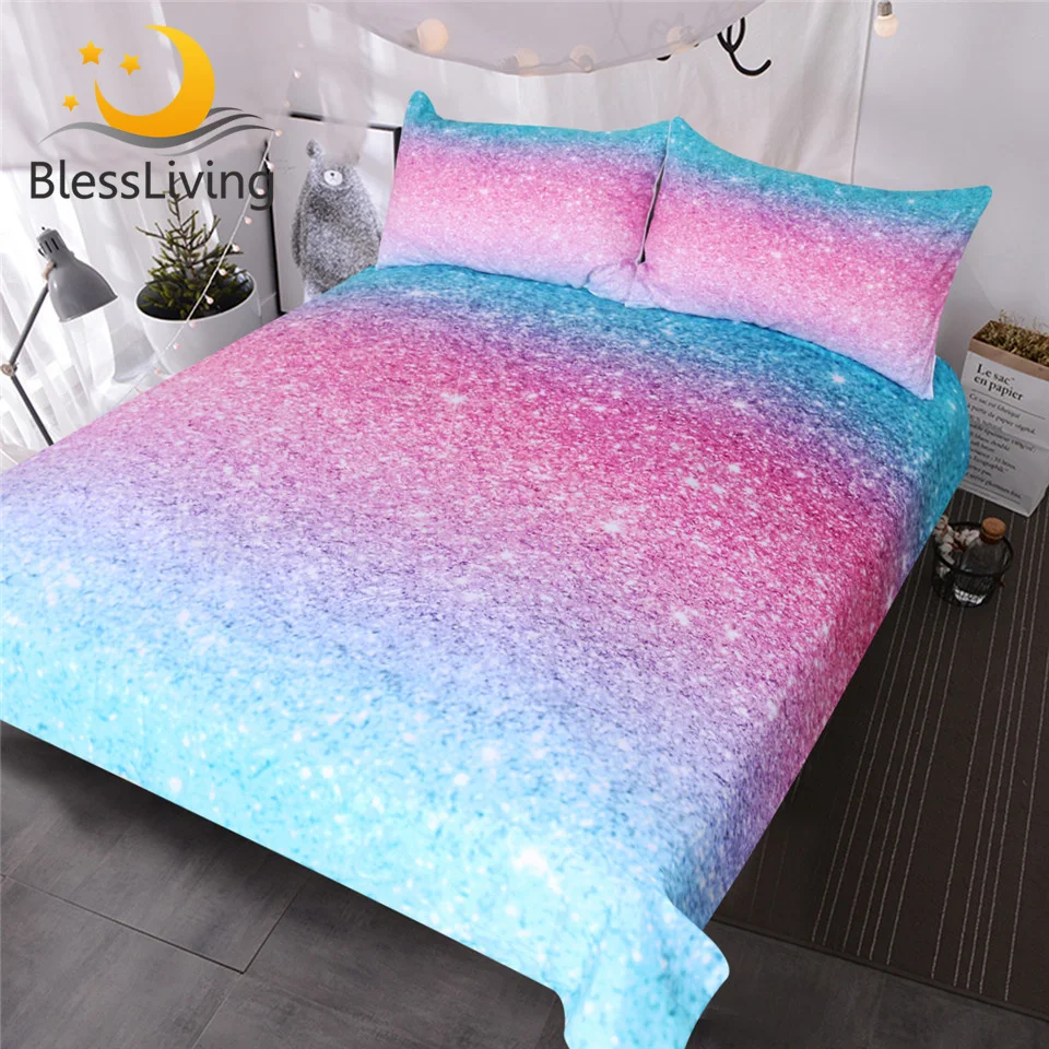 

BlessLiving Colorful Rainbow Bedding Set Girly Turquoise Blue Pink Pastel Colors Realistic Duvet Cover 3 Piece Trendy Bedspreads