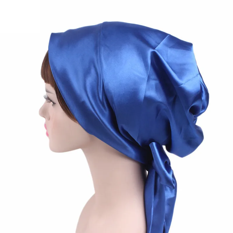 

elegent Solid/Dot Head Scarf women Chemo cap print Silk Night Sleep Cap Satin soft Hair Bonnet long tie Hat Head Cover bow