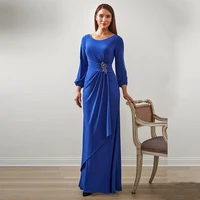 modern simple blue long sleeves mother of the bride dresses 2021 jewel neck beaded wedding guest gown backless pleating on sale