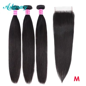 Прямые волосы 3 пряди с закрытием Remy прозрачный накладные волосы virgin (не с пряди бразильских волос с закрытием средней соотношение