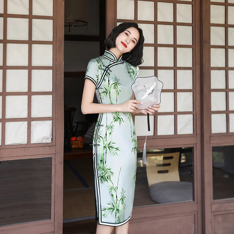 

Lady Bamboo Print Elegant Cheongsam Summer Sexy Slim Medium Length Qipao Vintage Button Classic Chinese Dress Big Size M-4XL