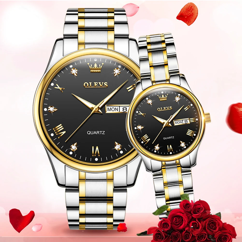 

Couple quartz wristwatch stainless steel watchband with calendar waterproof luminous hands men and women clock lover's watch