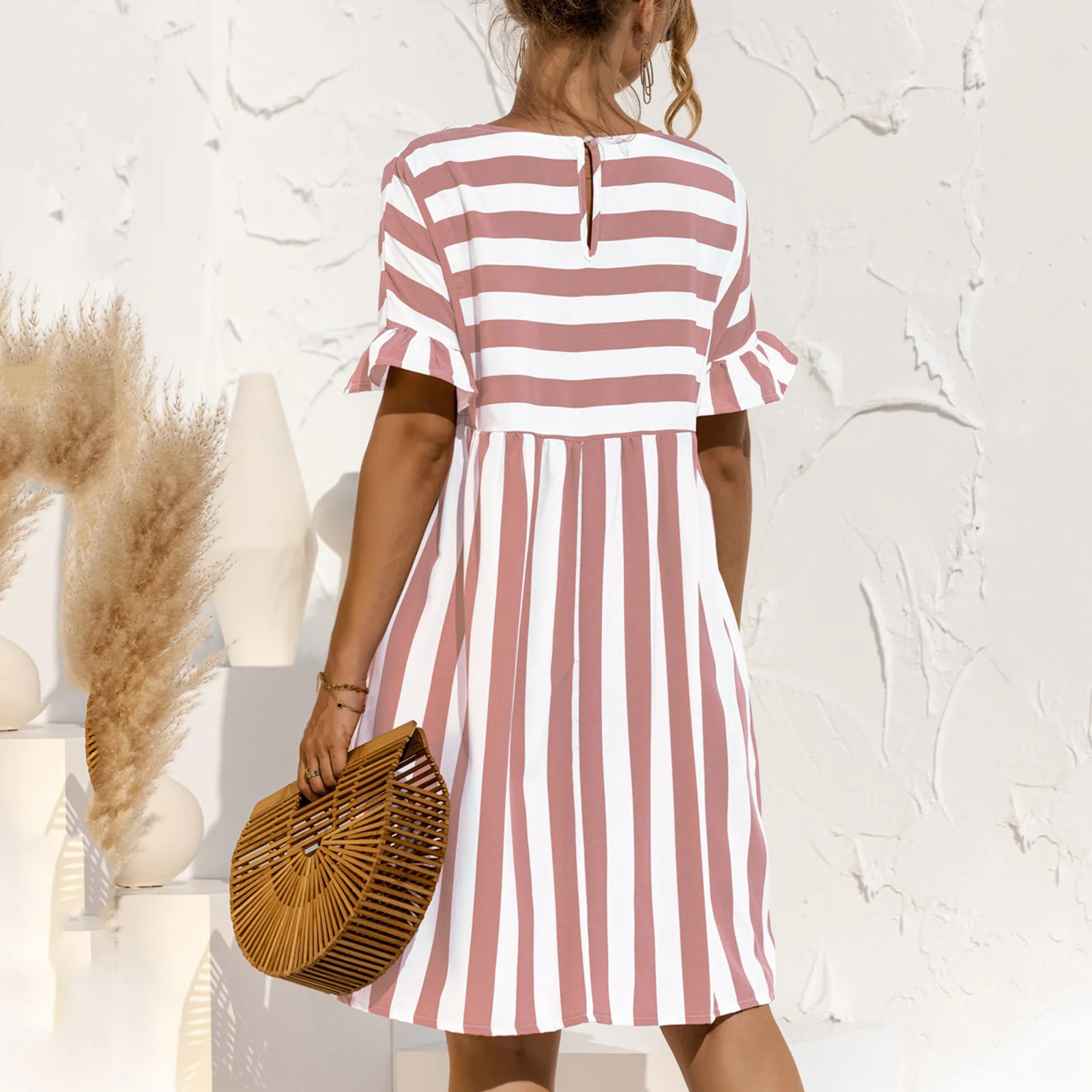 

Summer Stripe Butterfly Women Dress High Waist Basic Loose Round Neck Stitching A-line Dress Simple Daliy Knee Length Dress