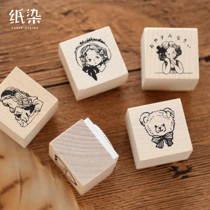 

Vintage Cartoon Girl Diary Bear Wood Stamp DIY Craft Wooden Rubber Stamps for Scrapbooking Diary Scrapbooking Standard Stamp