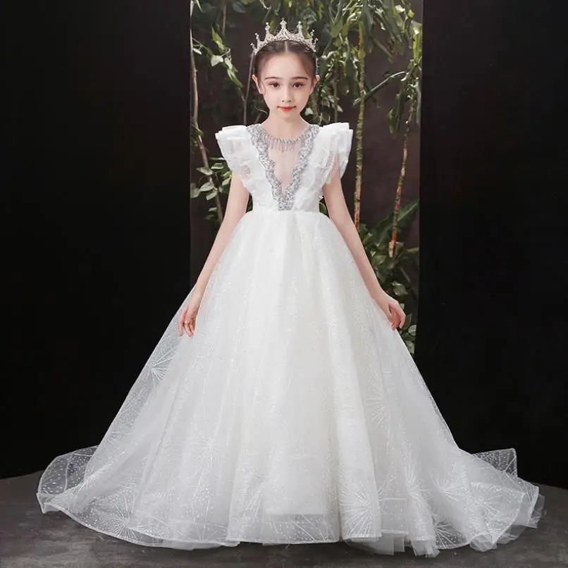 

Elegant Girls Beading Design Trailing Evening Gown Kids Catwalk Birthday Party Princess Dresses For Girls Vestidos L1221