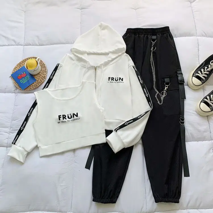 

Брюки-карго женский костюм корейский стиль свободный спортивный кардиган с капюшоном + жилет + леггинсы цепочка с буквенным принтом штаны ...