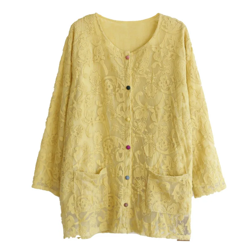 

new spring Vintage floral embroidery mesh cardigan cotton lining nine quarter tops