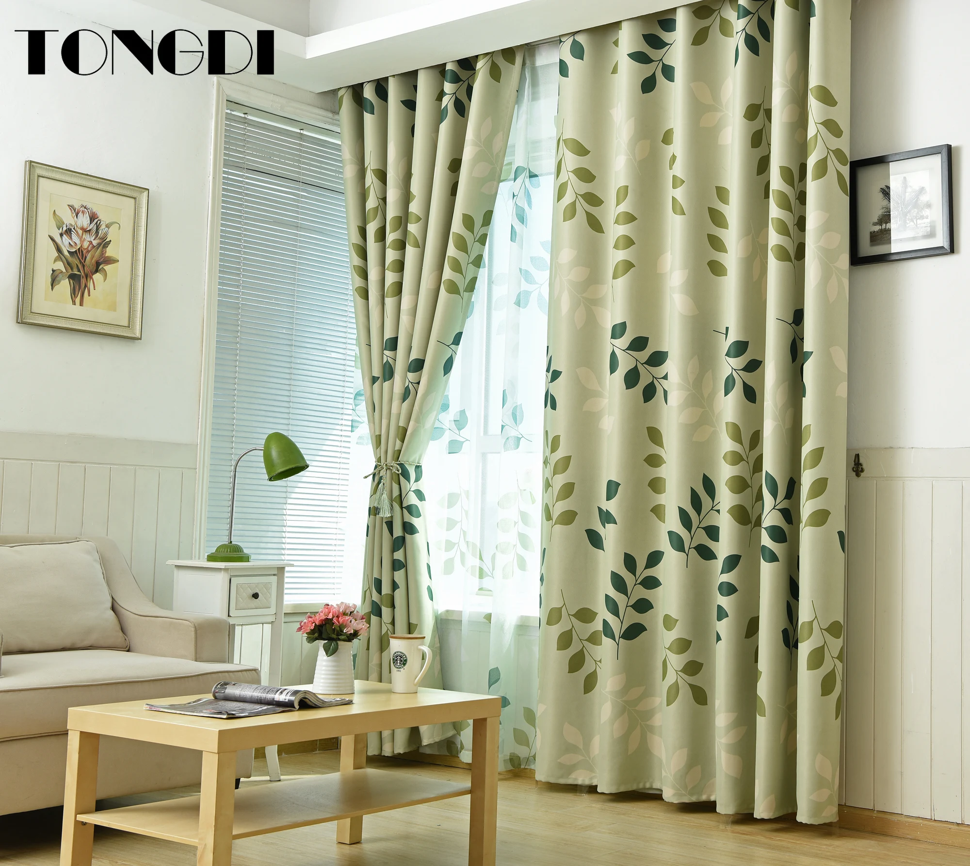 Светонепроницаемые шторы TONGDI с изображением зеленых элегантных листьев